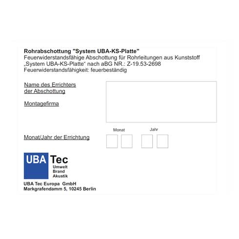 Kennzeichnungsschild UBA-Tec KS-Platte