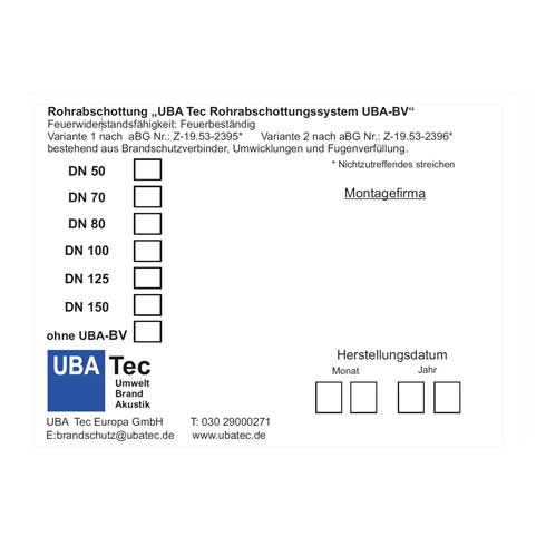 Kennzeichnungsschild UBA-Tec Rohrabschottungssystem UBA-BV